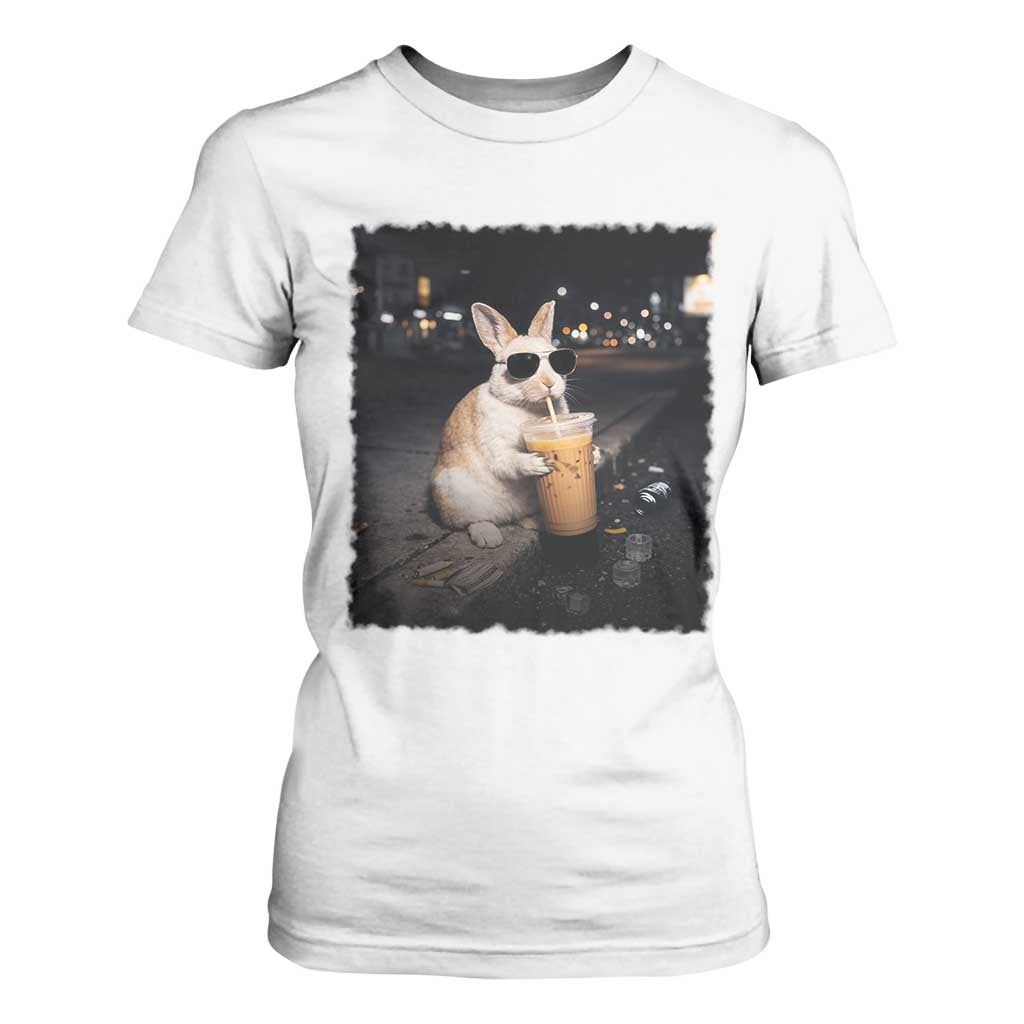 Funny Bunny Drinking Iced Coffee T Shirt For Women Animal Meme Viral Internet TS14 White Print Your Wear