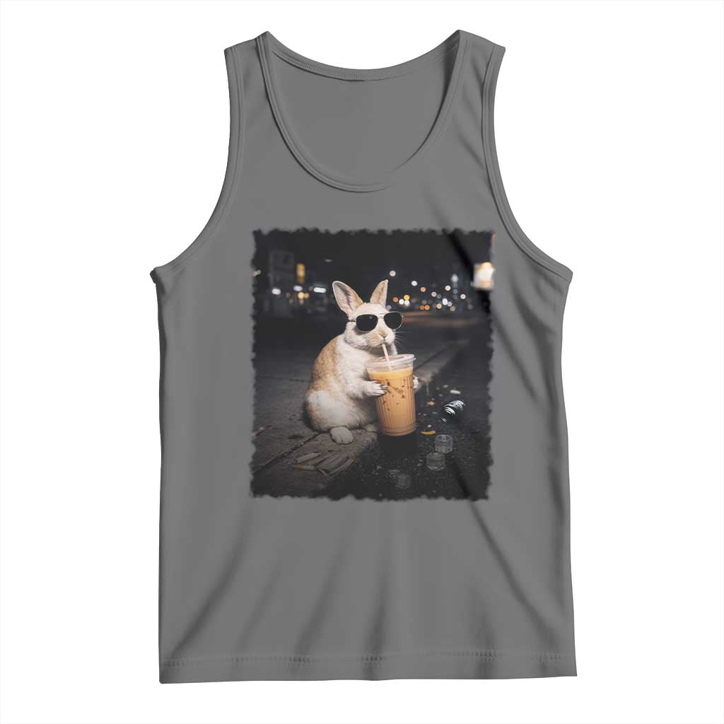 Funny Bunny Drinking Iced Coffee Tank Top Animal Meme Viral Internet TS14 Black Heather Print Your Wear
