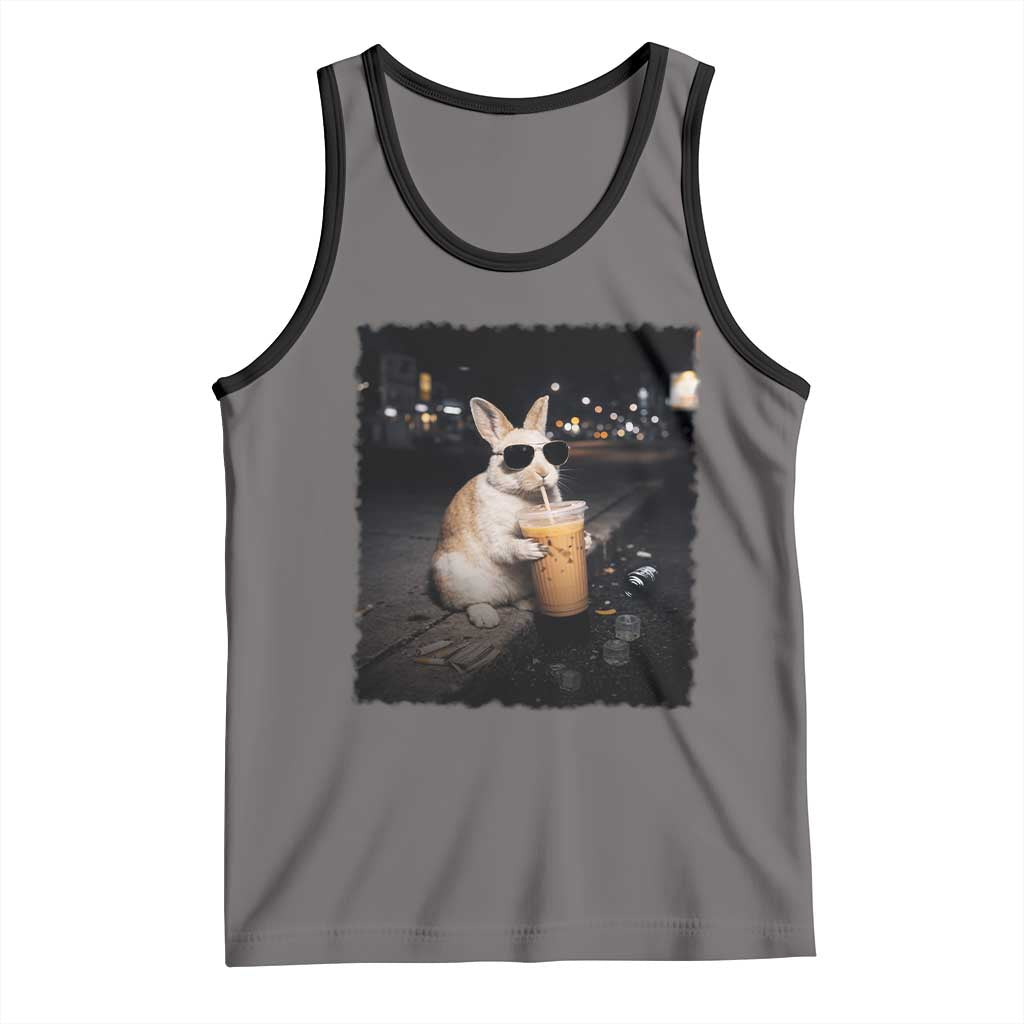Funny Bunny Drinking Iced Coffee Tank Top Animal Meme Viral Internet TS14 Deep Heather Black Print Your Wear