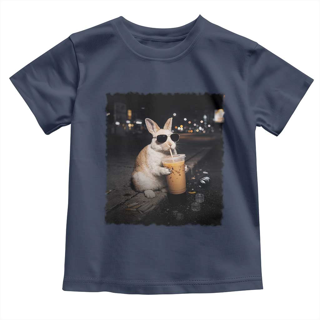 Funny Bunny Drinking Iced Coffee Toddler T Shirt Animal Meme Viral Internet TS14 Navy Print Your Wear