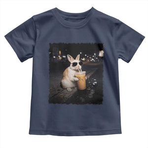 Funny Bunny Drinking Iced Coffee Toddler T Shirt Animal Meme Viral Internet TS14 Navy Print Your Wear