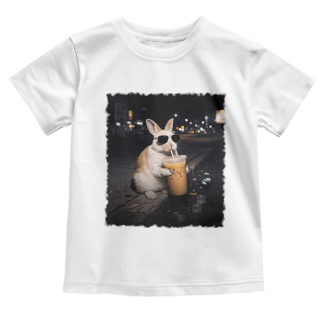 Funny Bunny Drinking Iced Coffee Toddler T Shirt Animal Meme Viral Internet TS14 White Print Your Wear