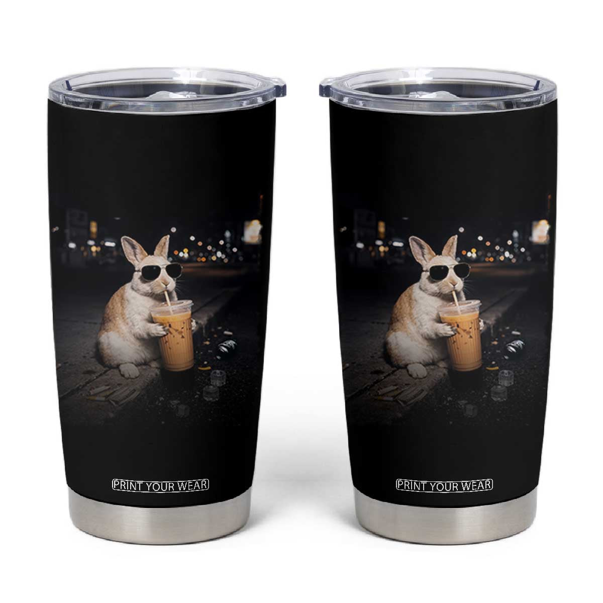 Funny Bunny Drinking Iced Coffee Tumbler Cup Animal Meme Viral Internet TS14 Black Print Your Wear