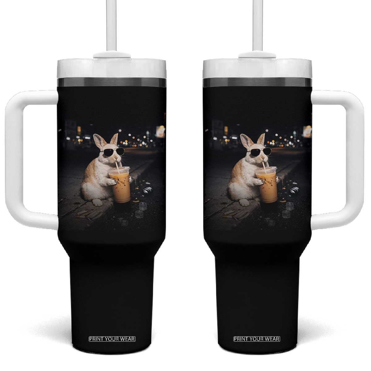 Funny Bunny Drinking Iced Coffee Tumbler With Handle Animal Meme Viral Internet TS14 One Size: 40 oz Black Print Your Wear