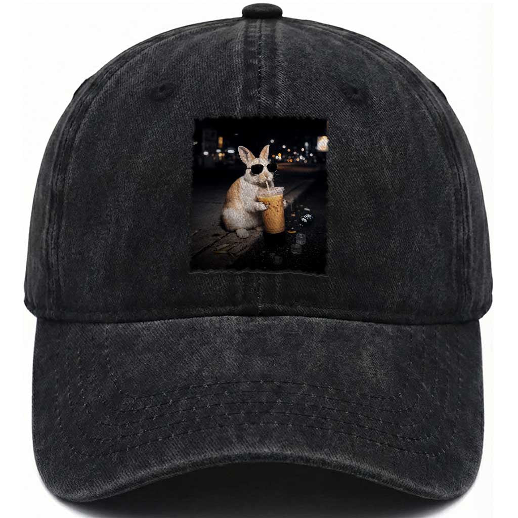 Funny Bunny Drinking Iced Coffee Washed Cotton Baseball Cap Animal Meme Viral Internet TS14 Washed Cap Universal Fit Black Print Your Wear