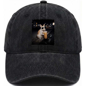 Funny Bunny Drinking Iced Coffee Washed Cotton Baseball Cap Animal Meme Viral Internet TS14 Washed Cap Universal Fit Black Print Your Wear