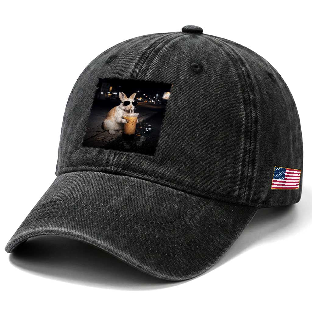 Funny Bunny Drinking Iced Coffee Washed Cotton Baseball Cap Animal Meme Viral Internet TS14 Print Your Wear