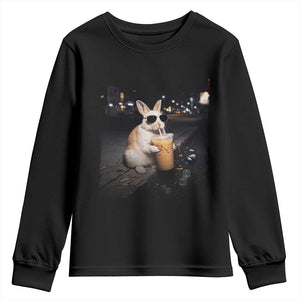 Funny Bunny Drinking Iced Coffee Youth Sweatshirt Animal Meme Viral Internet TS14 Black Print Your Wear