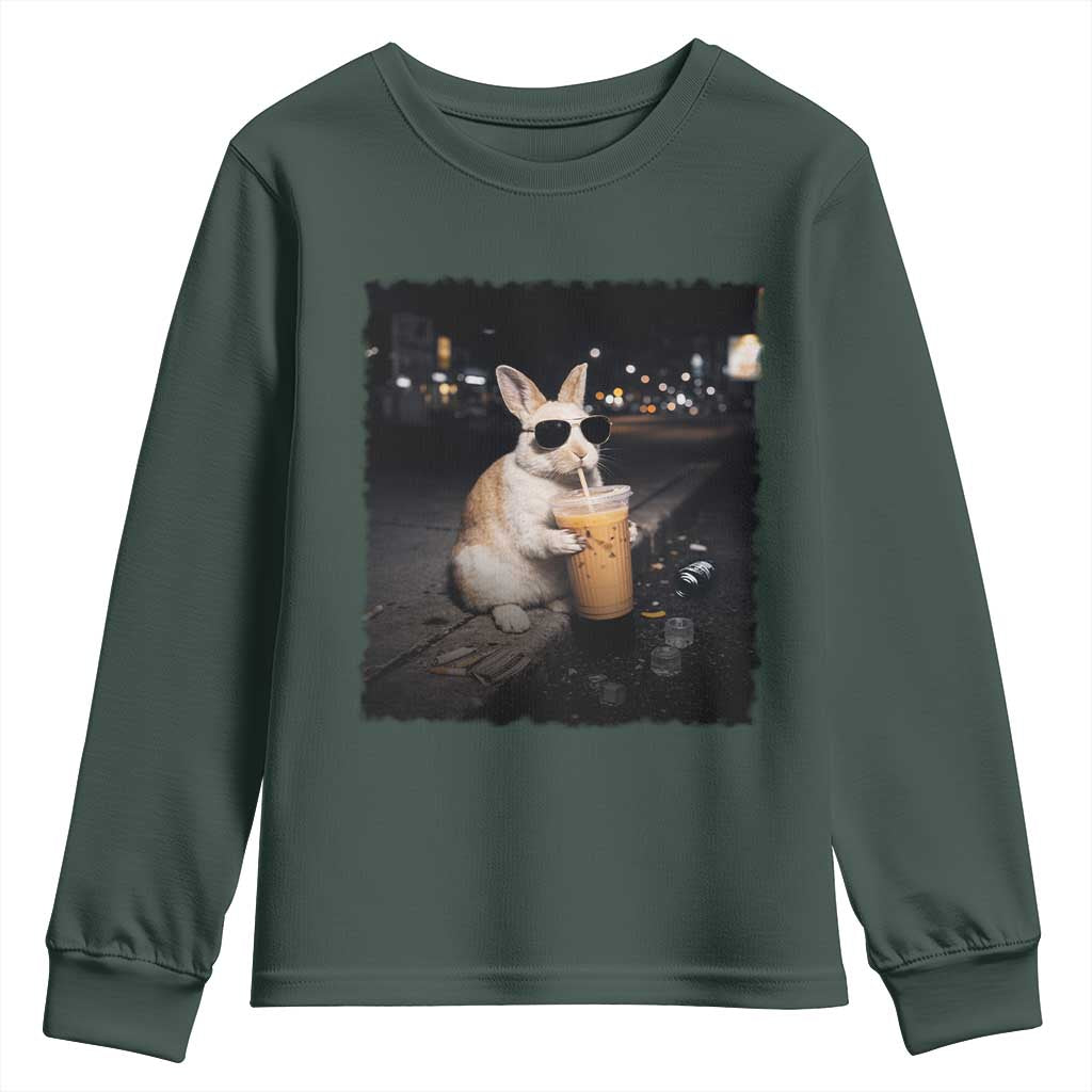 Funny Bunny Drinking Iced Coffee Youth Sweatshirt Animal Meme Viral Internet TS14 Dark Forest Green Print Your Wear