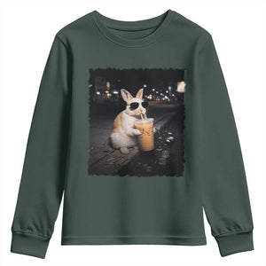 Funny Bunny Drinking Iced Coffee Youth Sweatshirt Animal Meme Viral Internet TS14 Dark Forest Green Print Your Wear