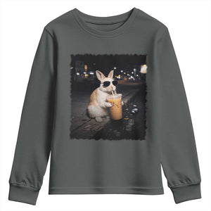 Funny Bunny Drinking Iced Coffee Youth Sweatshirt Animal Meme Viral Internet TS14 Dark Heather Print Your Wear