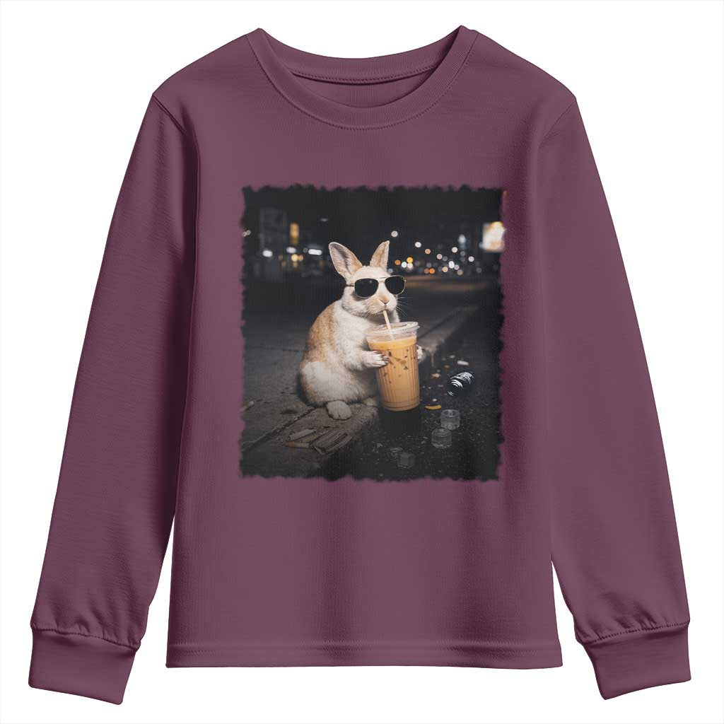Funny Bunny Drinking Iced Coffee Youth Sweatshirt Animal Meme Viral Internet TS14 Maroon Print Your Wear