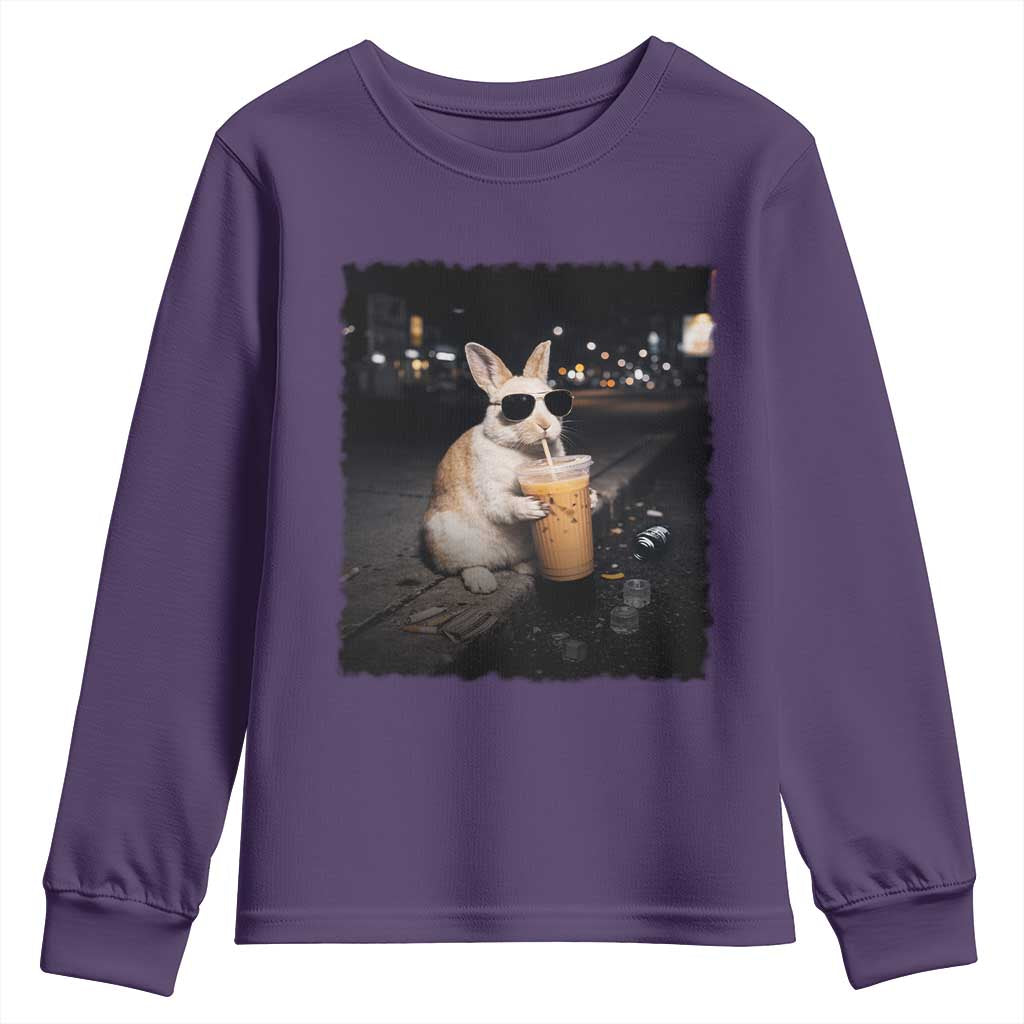 Funny Bunny Drinking Iced Coffee Youth Sweatshirt Animal Meme Viral Internet TS14 Purple Print Your Wear
