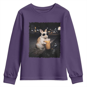 Funny Bunny Drinking Iced Coffee Youth Sweatshirt Animal Meme Viral Internet TS14 Purple Print Your Wear