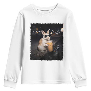 Funny Bunny Drinking Iced Coffee Youth Sweatshirt Animal Meme Viral Internet TS14 White Print Your Wear