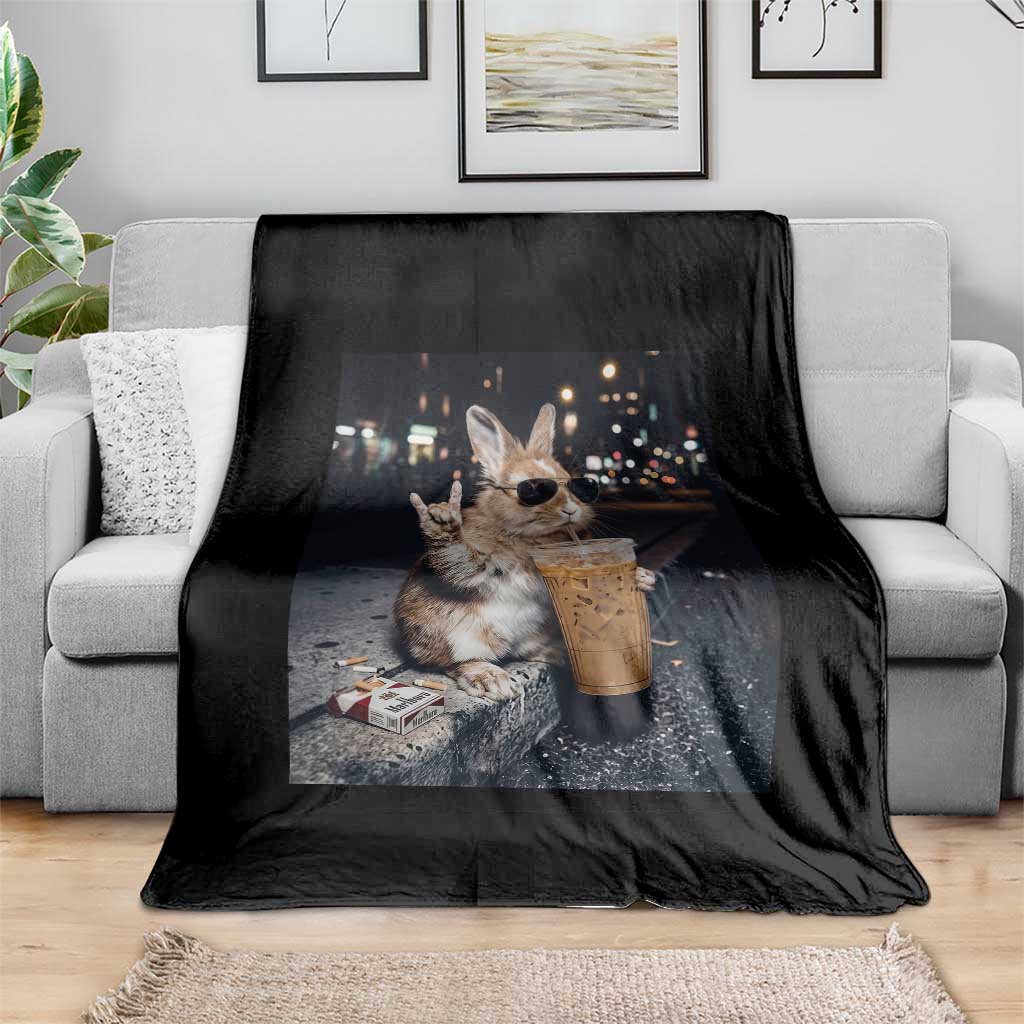 Funny Bunny Drinking Iced Coffee Throw Blanket Vintage 90s Graphic Meme TS14 Print Your Wear