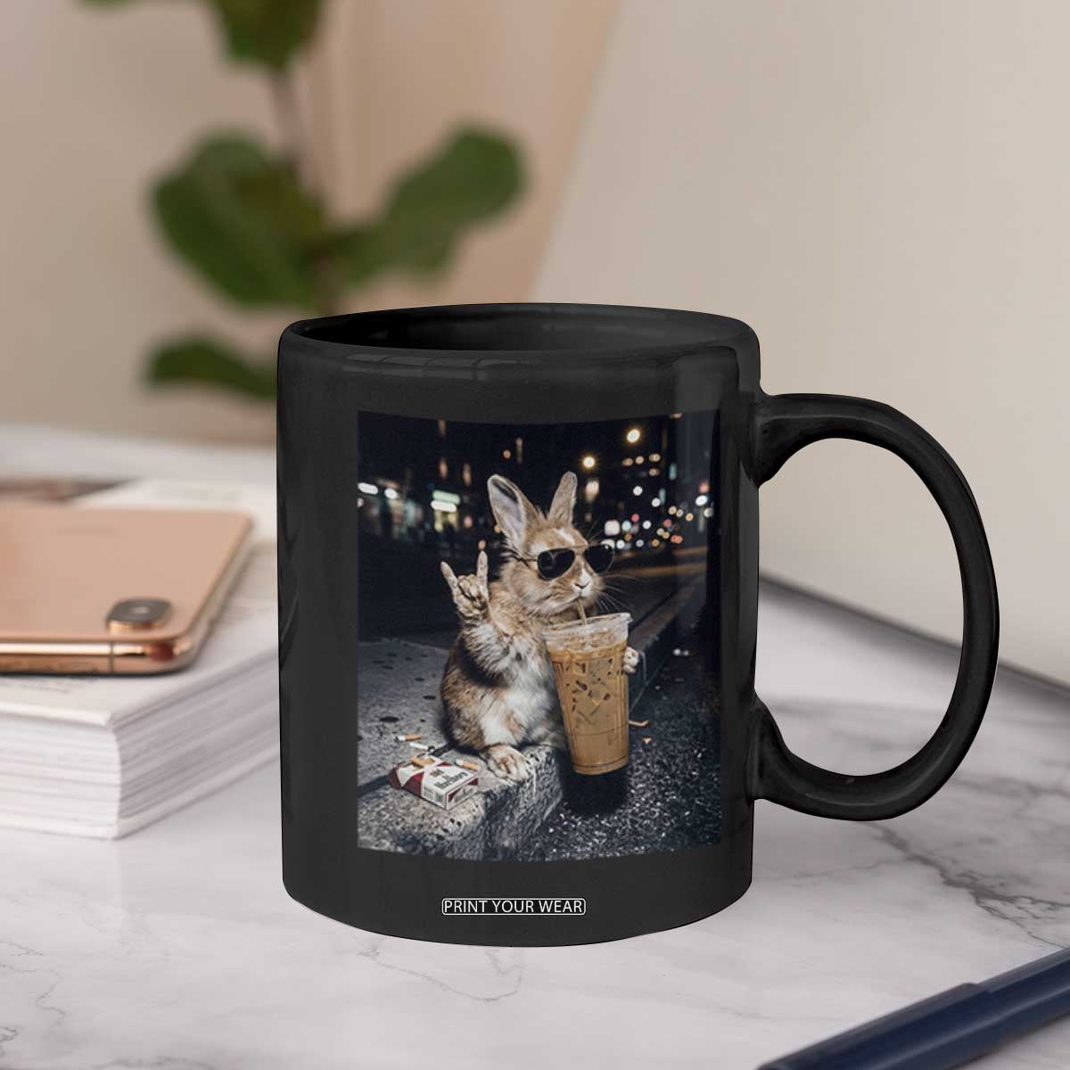 Funny Bunny Drinking Iced Coffee Coffee Mug Vintage 90s Graphic Meme TS14 Print Your Wear