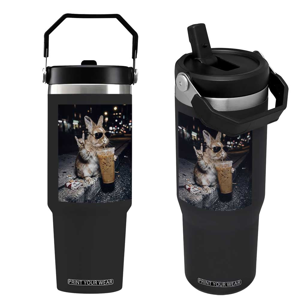 Funny Bunny Drinking Iced Coffee Flip Straw Tumbler Vintage 90s Graphic Meme TS14 One Size: 30 oz Black Print Your Wear