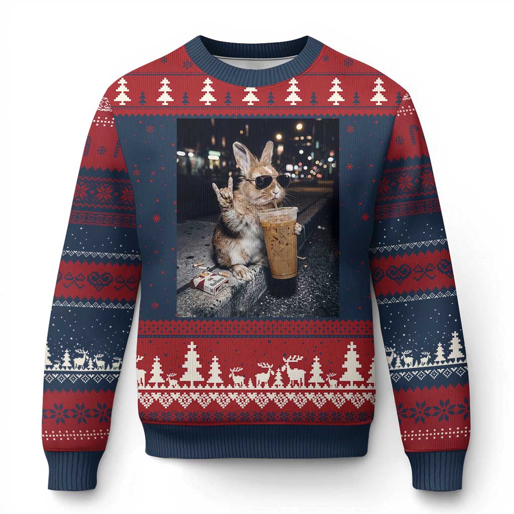 Funny Bunny Drinking Iced Coffee Ugly Christmas Sweater Vintage 90s Graphic Meme TS14 Navy Red Print Your Wear