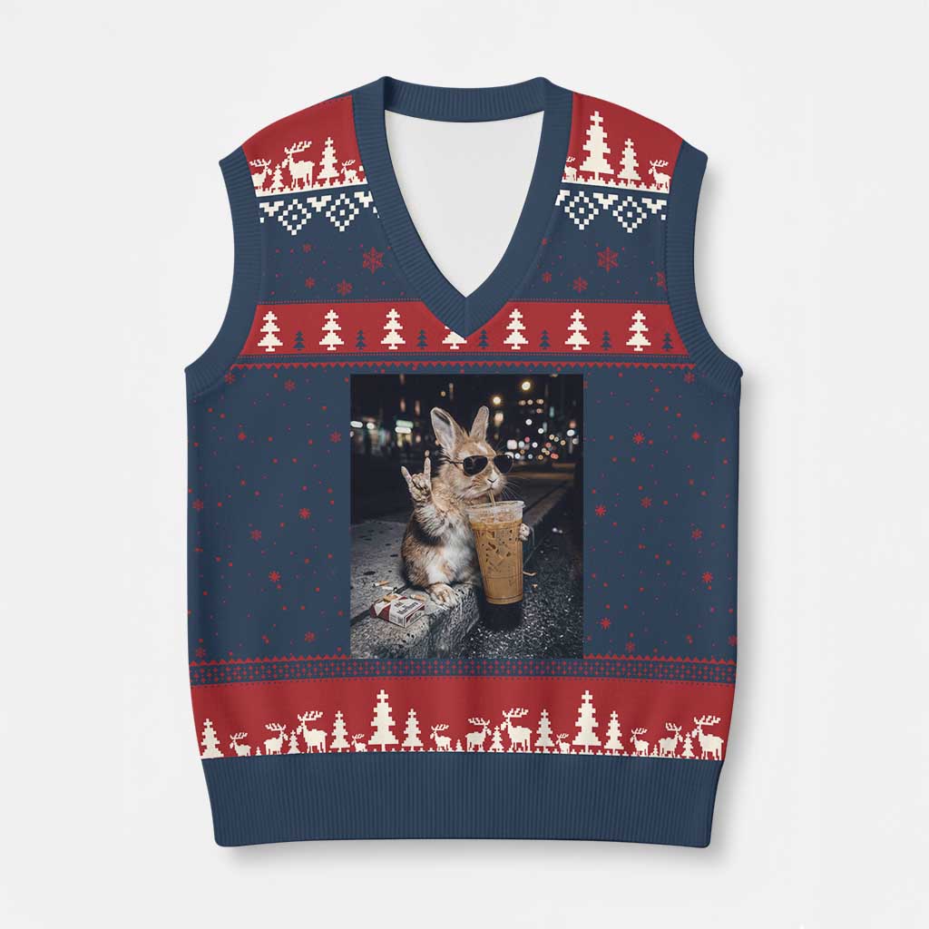 Funny Bunny Drinking Diet Coke V-Neck Knit Sweater Vest Vintage 90s Graphic Meme TS14 Navy Red Print Your Wear