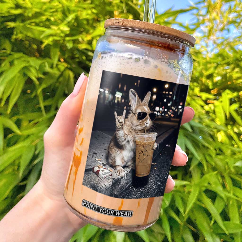 Funny Bunny Drinking Iced Coffee Glass Can Vintage 90s Graphic Meme TS14 Black Print Your Wear