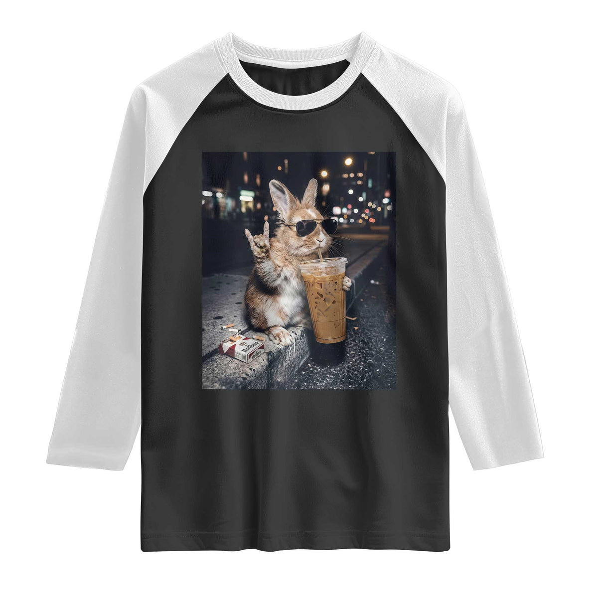 Funny Bunny Drinking Diet Coke Raglan Shirt Vintage 90s Graphic Meme TS14 Black White Print Your Wear