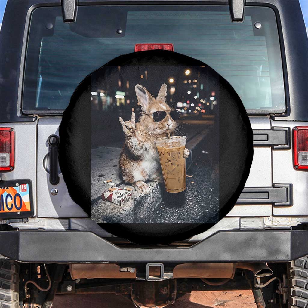 Funny Bunny Drinking Iced Coffee Spare Tire Cover Vintage 90s Graphic Meme TS14 No hole Black Print Your Wear