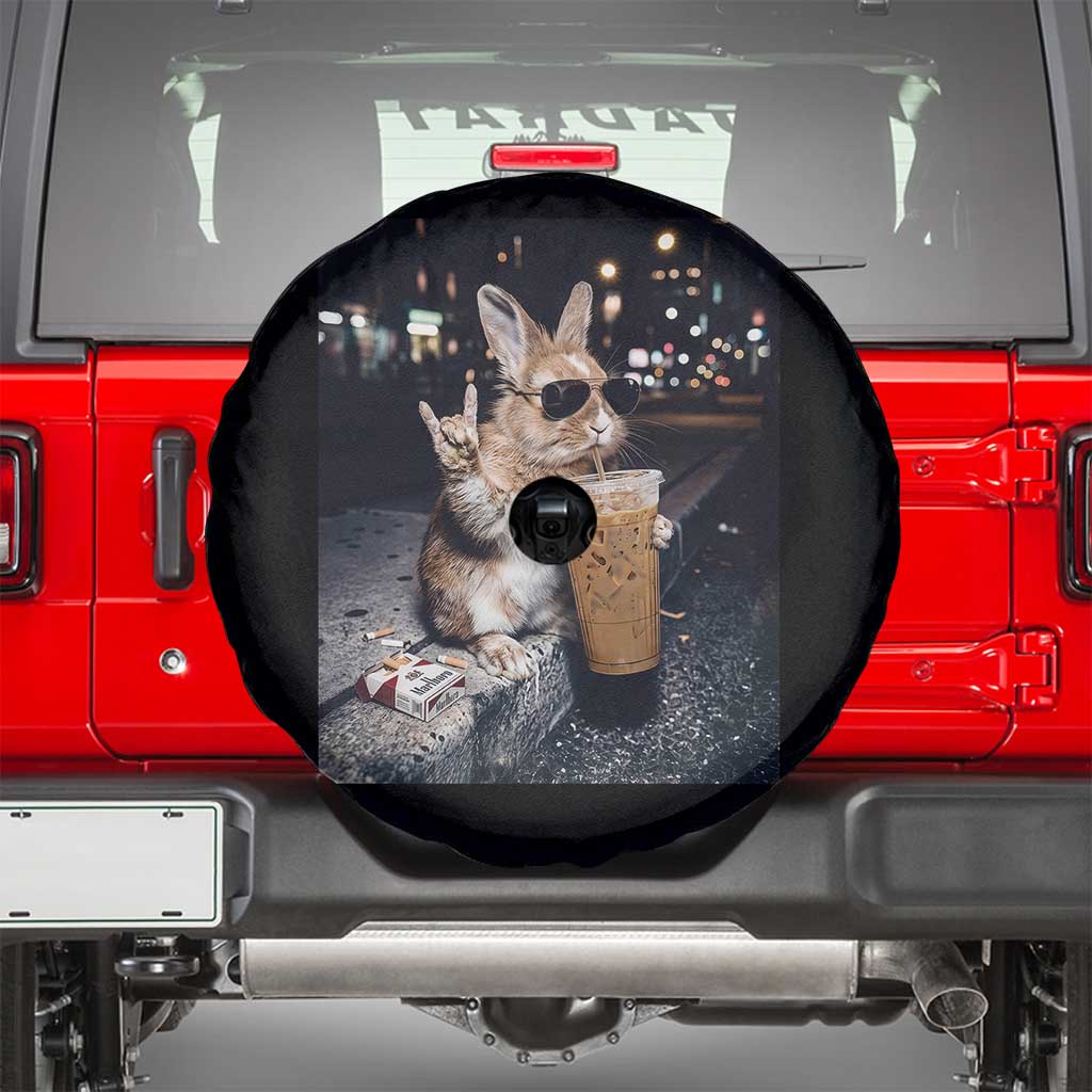 Funny Bunny Drinking Iced Coffee Spare Tire Cover Vintage 90s Graphic Meme TS14 Black Print Your Wear