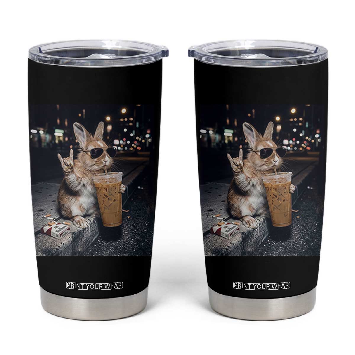 Funny Bunny Drinking Iced Coffee Tumbler Cup Vintage 90s Graphic Meme TS14 Black Print Your Wear