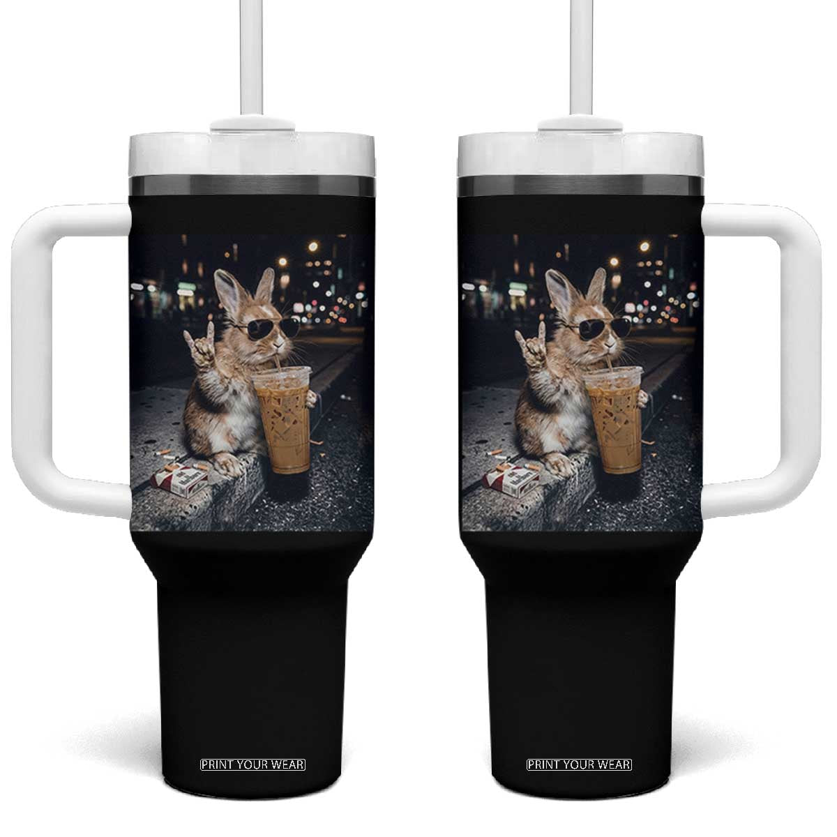 Funny Bunny Drinking Iced Coffee Tumbler With Handle Vintage 90s Graphic Meme TS14 One Size: 40 oz Black Print Your Wear