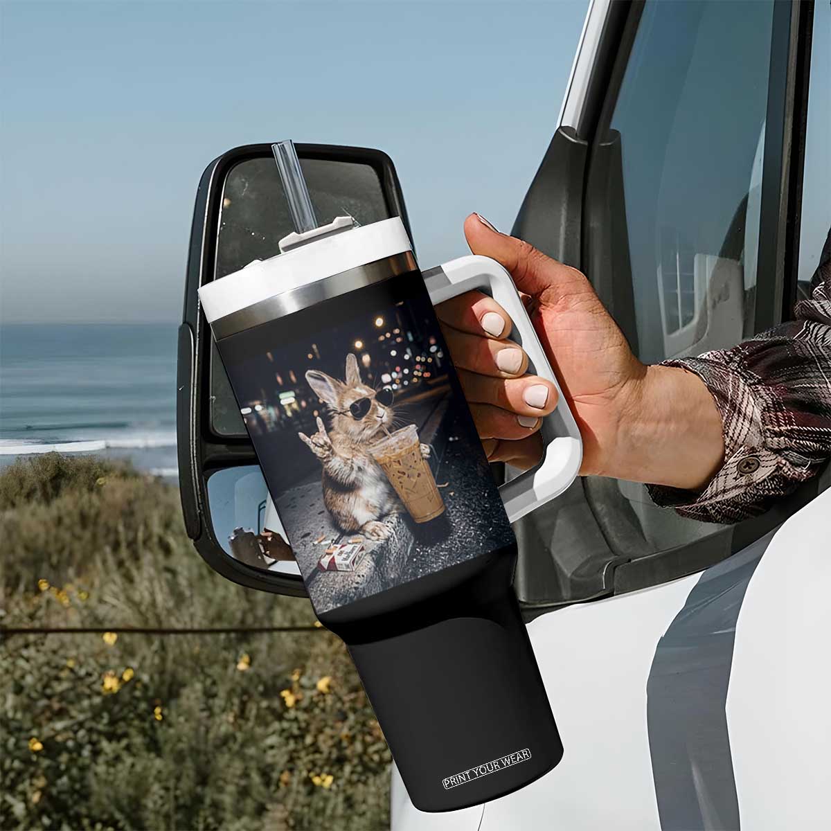 Funny Bunny Drinking Iced Coffee Tumbler With Handle Vintage 90s Graphic Meme TS14 Print Your Wear