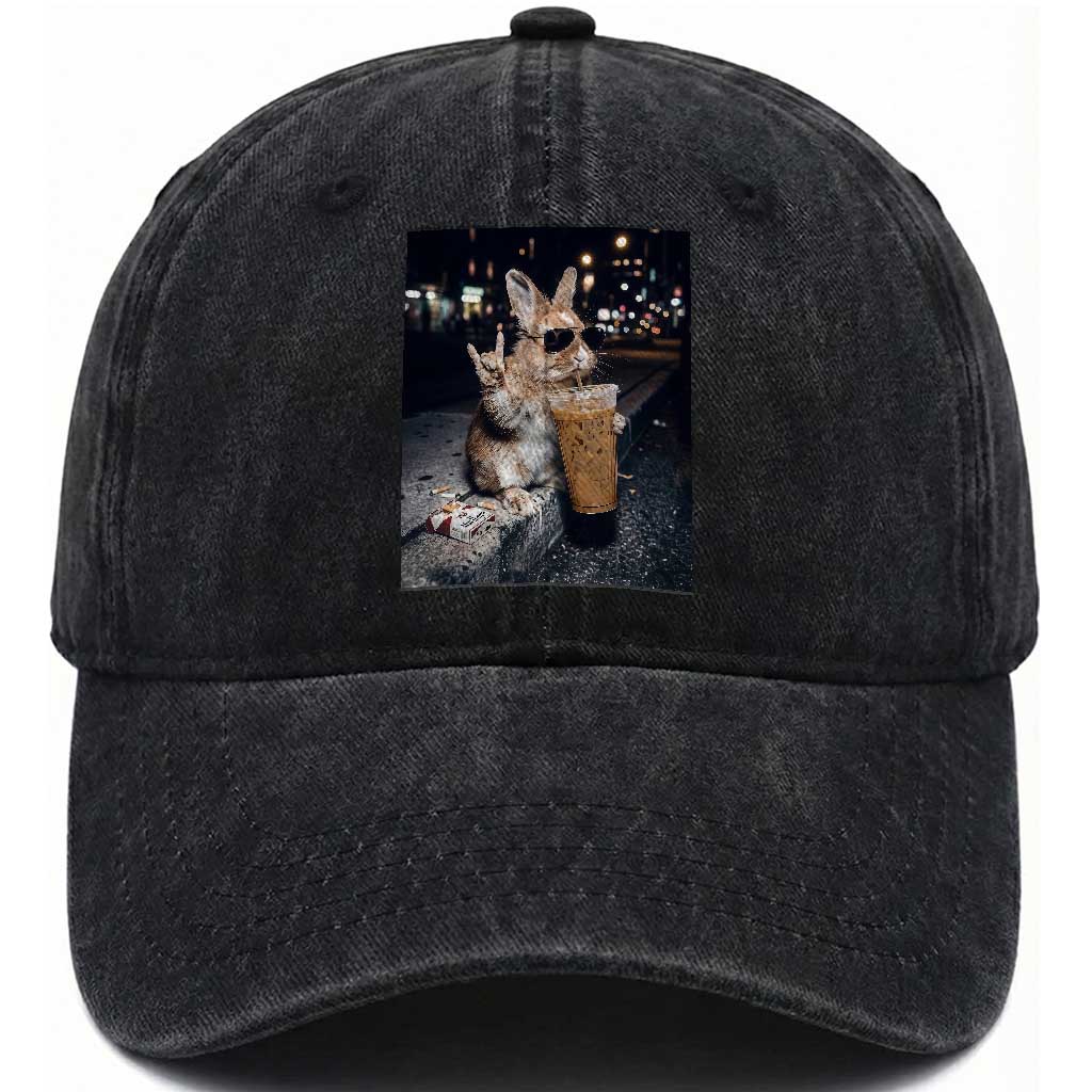 Funny Bunny Drinking Iced Coffee Washed Cotton Baseball Cap Vintage 90s Graphic Meme TS14 Print Your Wear