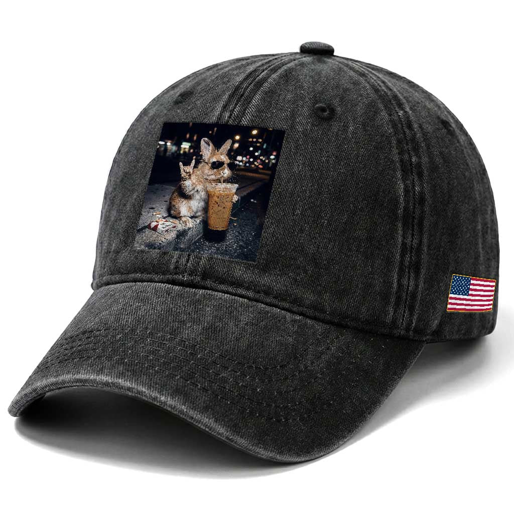 Funny Bunny Drinking Diet Coke Washed Cotton Baseball Cap Vintage 90s Graphic Meme TS14 Print Your Wear