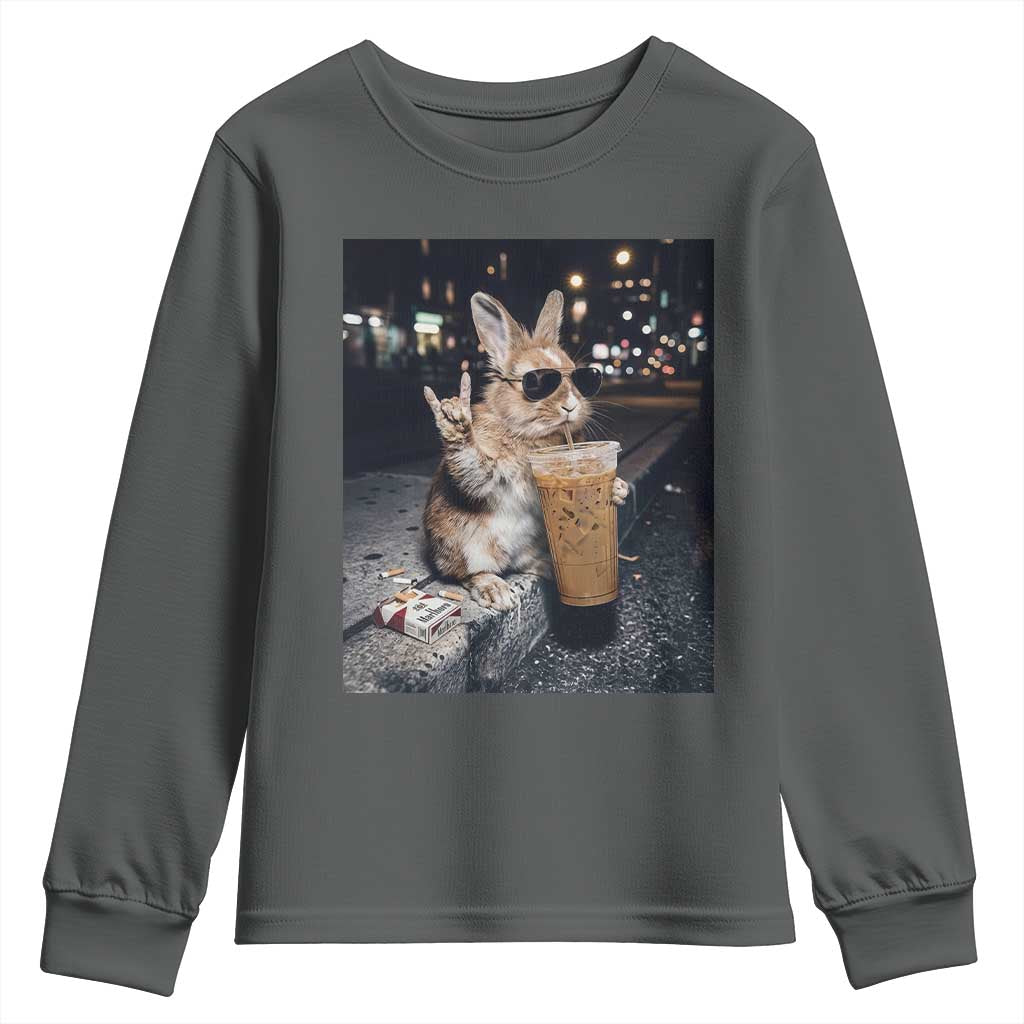 Funny Bunny Drinking Diet Coke Youth Sweatshirt Vintage 90s Graphic Meme TS14 Dark Heather Print Your Wear