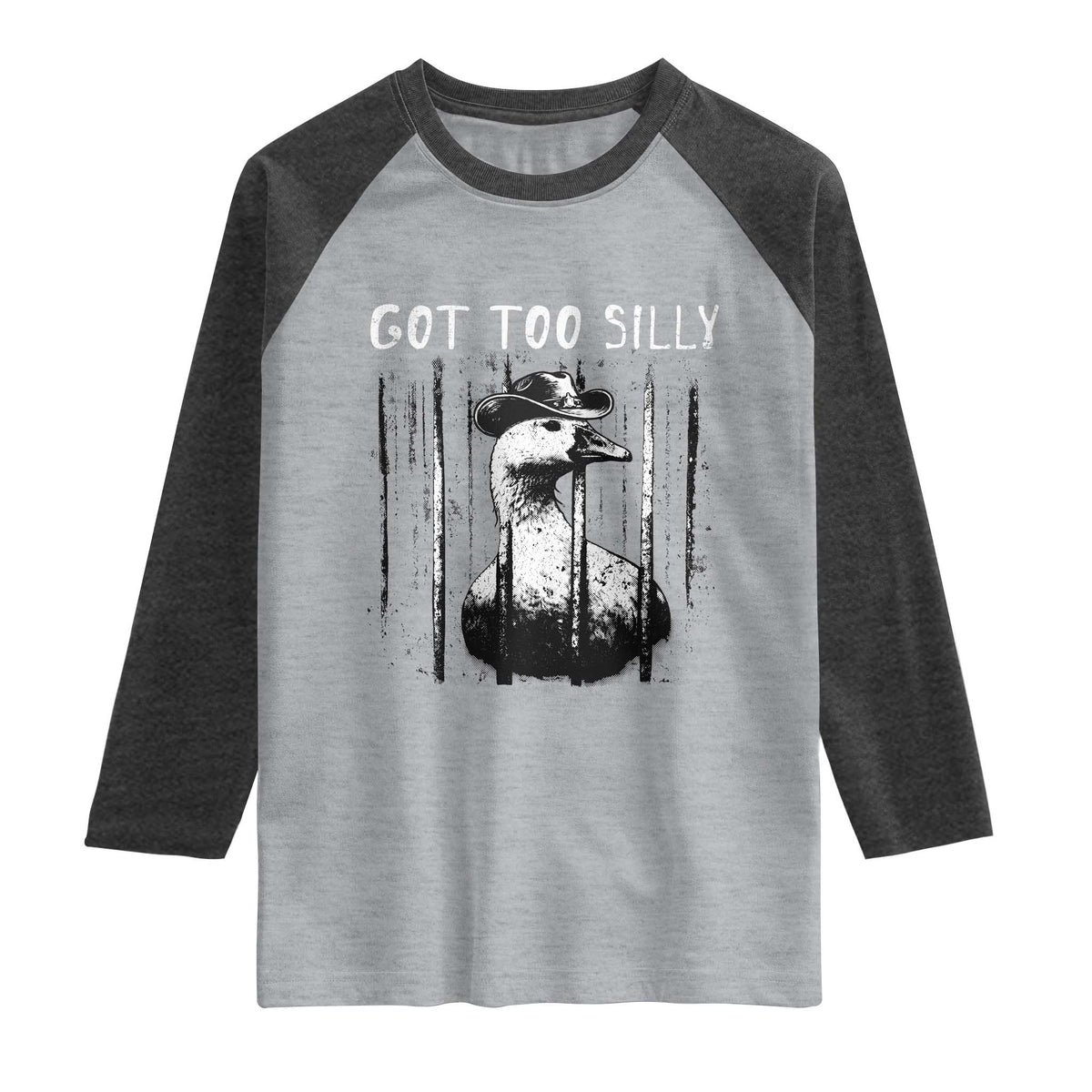 Got Too Silly Goose Meme Raglan Shirt Funny Cowboy Goose Jailbird Prison TS14 Heather Gray Heather Charcoal Print Your Wear