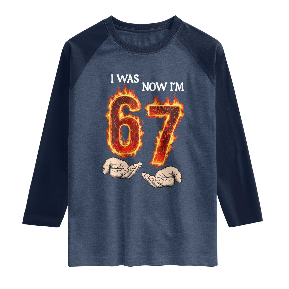 I Was 6 Now I'm 7 Birthday Raglan Shirt Funny Six Seven Meme 67 Flame TS14 Heather Denim Navy Print Your Wear