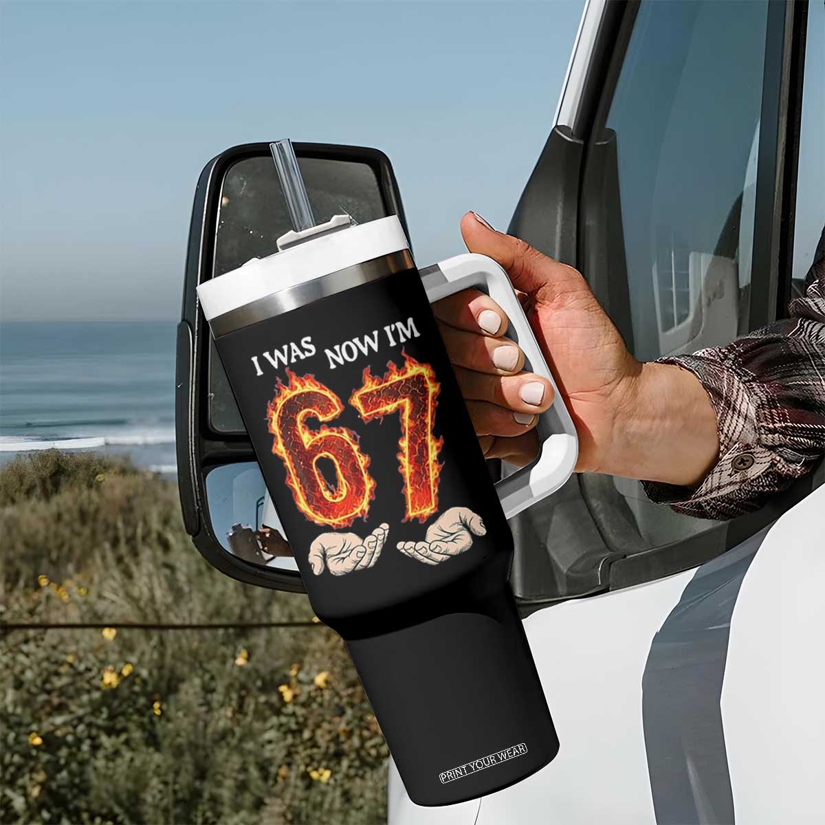 I Was 6 Now I'm 7 Birthday Tumbler With Handle Funny Six Seven Meme 67 Flame TS14 Print Your Wear