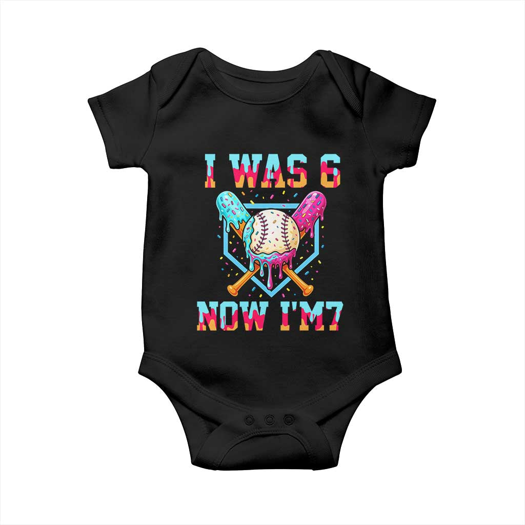 I Was 6 Now I'm 7 Baby Onesie Baseball Ice Cream Drip Number 67 Player 67th Birthday TS14 Black Print Your Wear