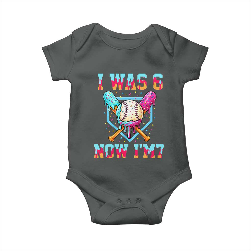I Was 6 Now I'm 7 Baby Onesie Baseball Ice Cream Drip Number 67 Player 67th Birthday TS14 Dark Heather Print Your Wear
