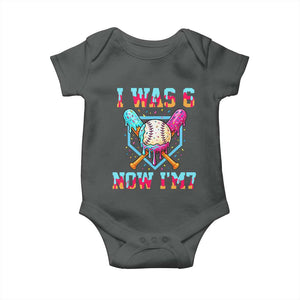 I Was 6 Now I'm 7 Baby Onesie Baseball Ice Cream Drip Number 67 Player 67th Birthday TS14 Dark Heather Print Your Wear