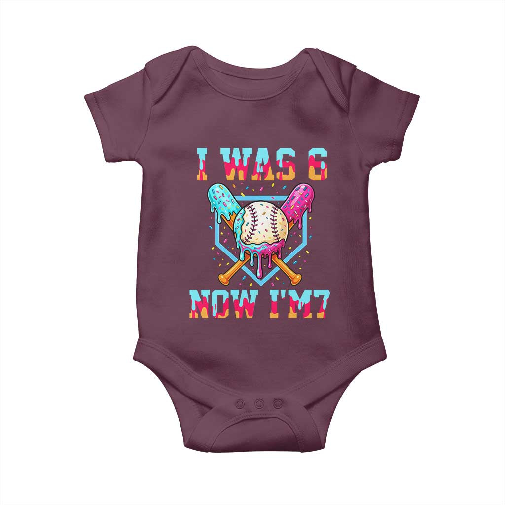 I Was 6 Now I'm 7 Baby Onesie Baseball Ice Cream Drip Number 67 Player 67th Birthday TS14 Maroon Print Your Wear