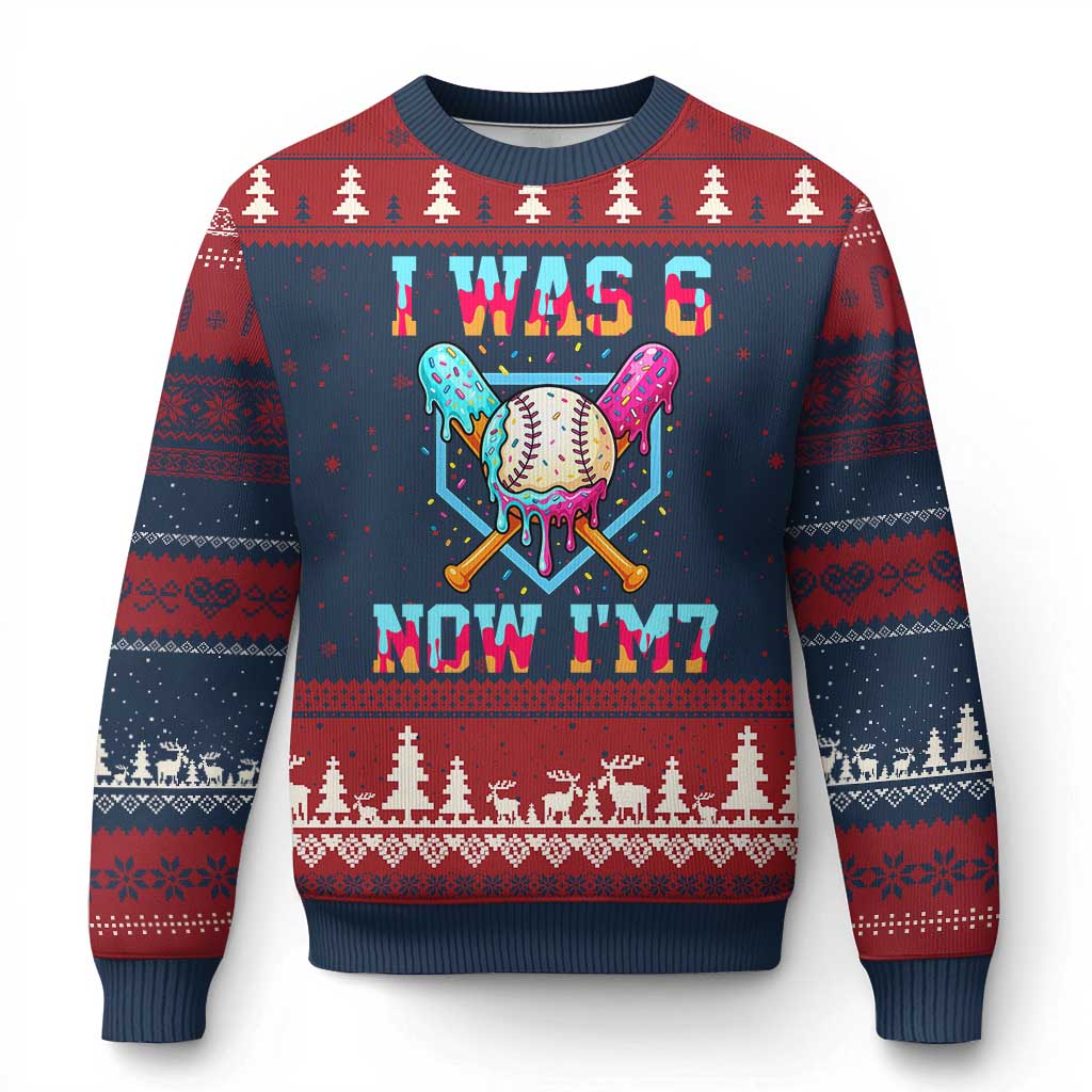 I Was 6 Now I'm 7 Ugly Christmas Sweater Baseball Ice Cream Drip Number 67 Player 67th Birthday TS14 Navy Red Print Your Wear