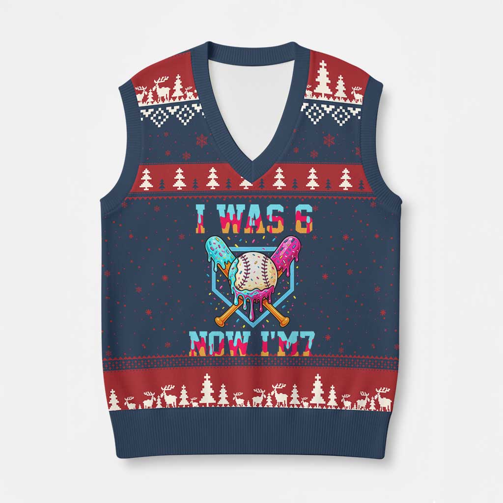 I Was 6 Now I'm 7 V-Neck Knit Sweater Vest Baseball Ice Cream Drip Number 67 Player 67th Birthday TS14 Navy Red Print Your Wear