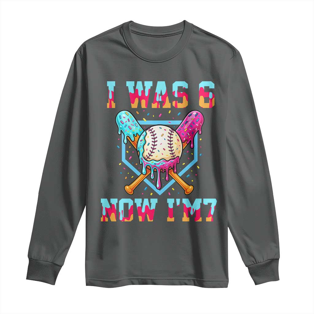 I Was 6 Now I'm 7 Long Sleeve Shirt Baseball Ice Cream Drip Number 67 Player 67th Birthday TS14 Dark Heather Print Your Wear