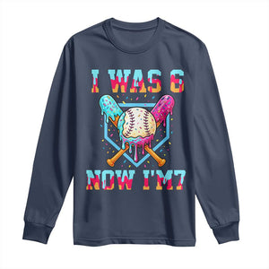 I Was 6 Now I'm 7 Long Sleeve Shirt Baseball Ice Cream Drip Number 67 Player 67th Birthday TS14 Navy Print Your Wear