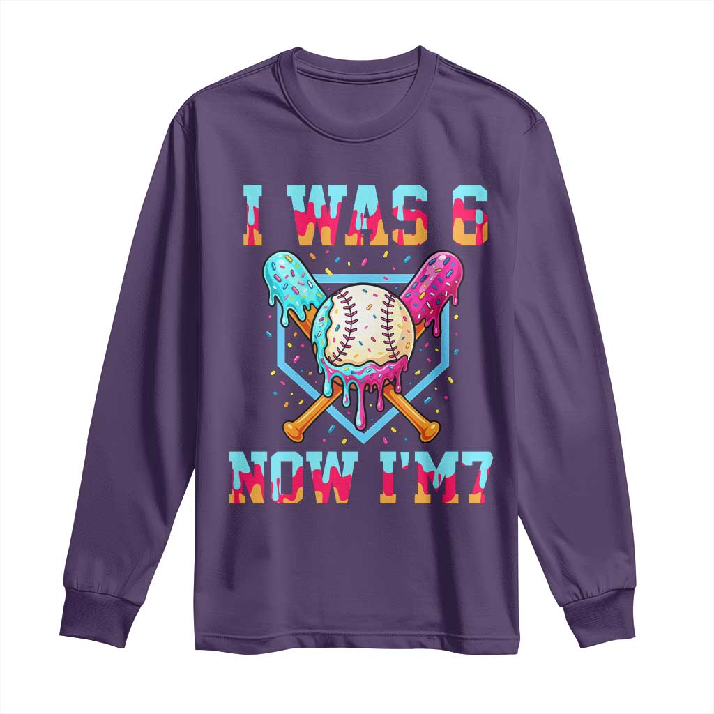 I Was 6 Now I'm 7 Long Sleeve Shirt Baseball Ice Cream Drip Number 67 Player 67th Birthday TS14 Purple Print Your Wear