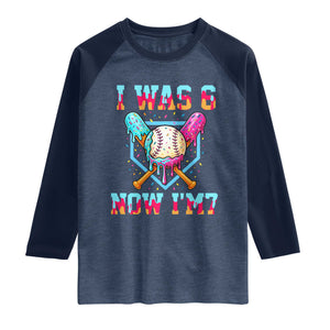 I Was 6 Now I'm 7 Raglan Shirt Baseball Ice Cream Drip Number 67 Player 67th Birthday TS14 Heather Denim Navy Print Your Wear