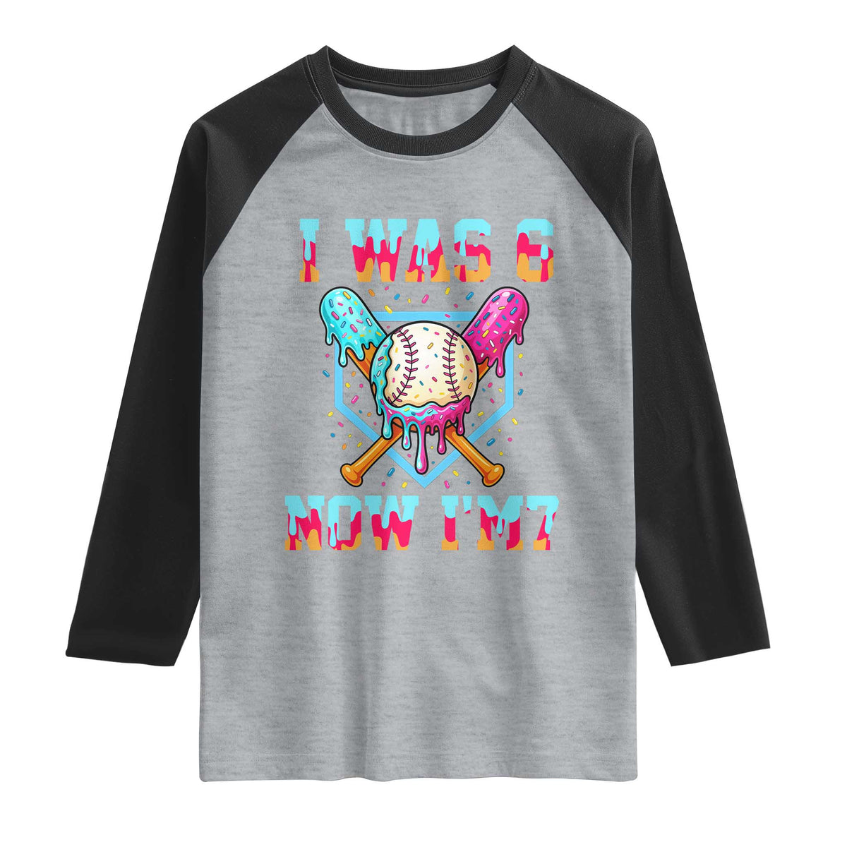 I Was 6 Now I'm 7 Raglan Shirt Baseball Ice Cream Drip Number 67 Player 67th Birthday TS14 Heather Gray Black Print Your Wear