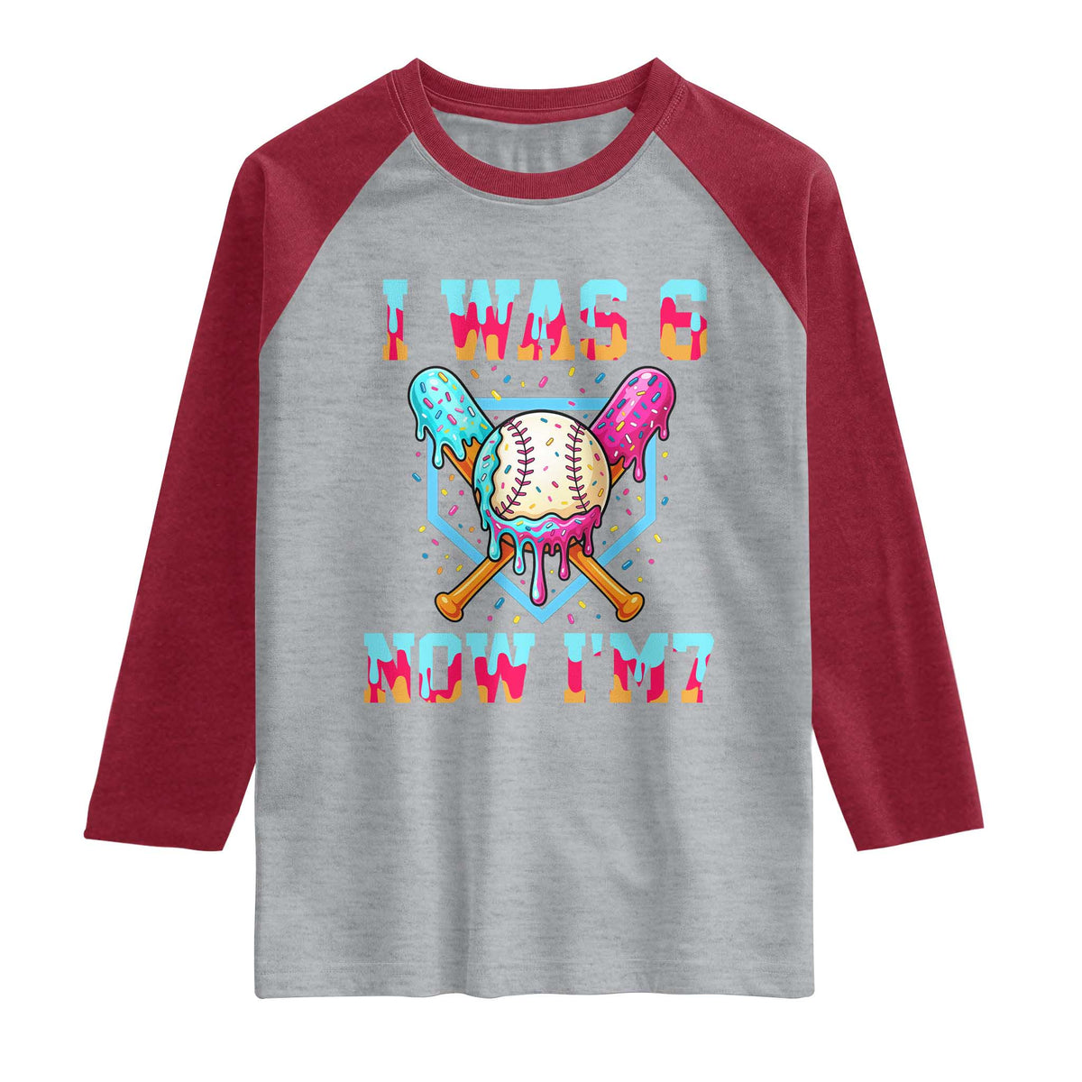 I Was 6 Now I'm 7 Raglan Shirt Baseball Ice Cream Drip Number 67 Player 67th Birthday TS14 Heather Gray Heather Red Print Your Wear