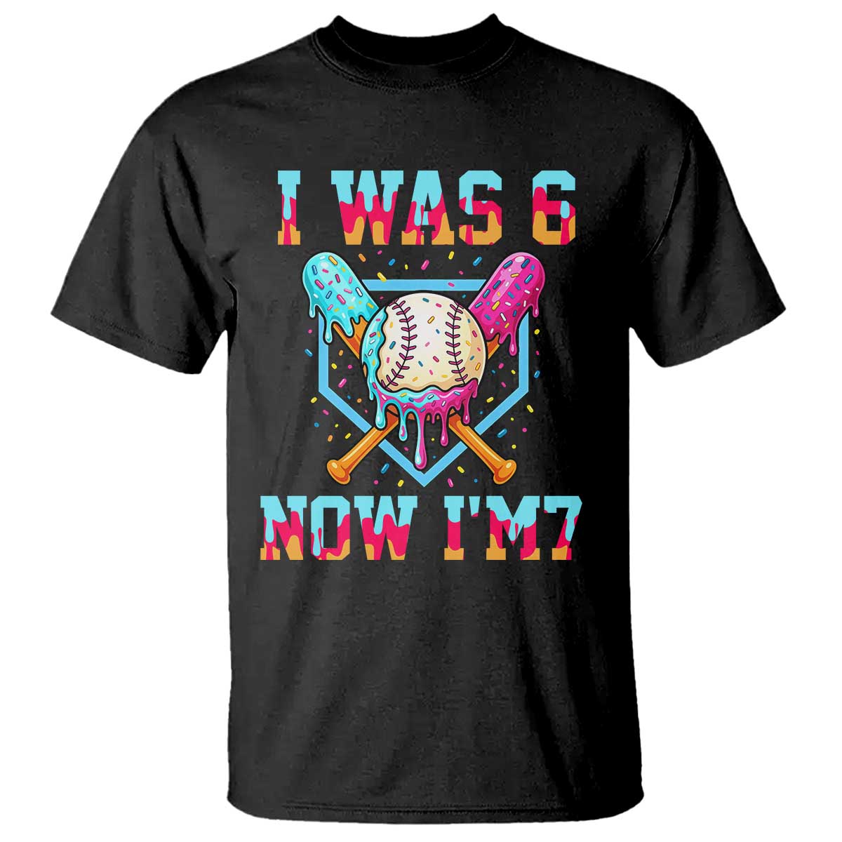 I Was 6 Now I'm 7 T Shirt Baseball Ice Cream Drip Number 67 Player 67th Birthday TS14 Black Print Your Wear